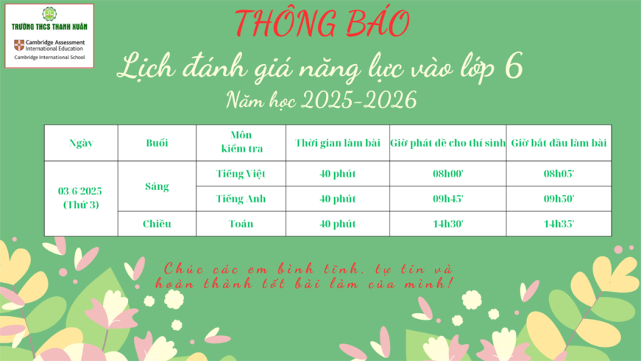 Thông tin tuyển sinh lớp 6 – Trường THCS Thanh Xuân (2025–2026)